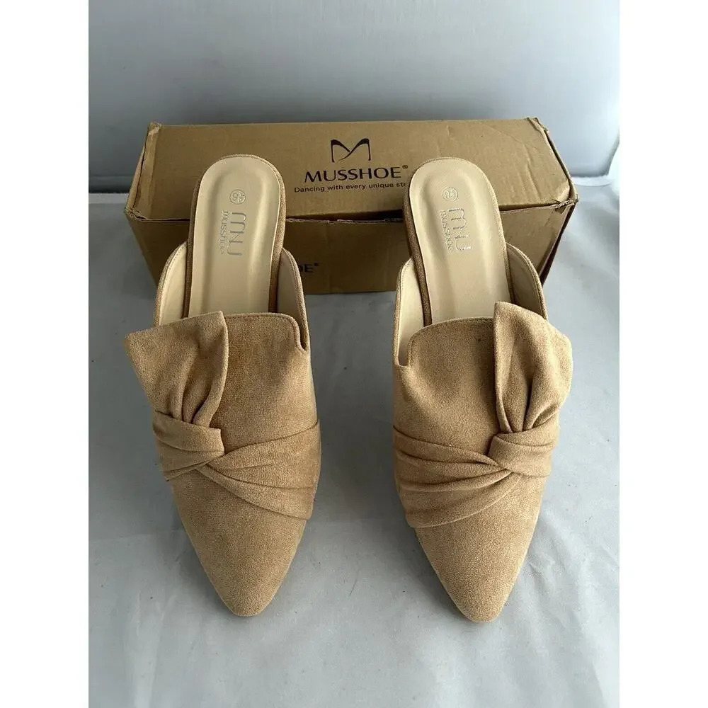 Musshoe Women's Tan Suede Knot-Accent Pointed Mules